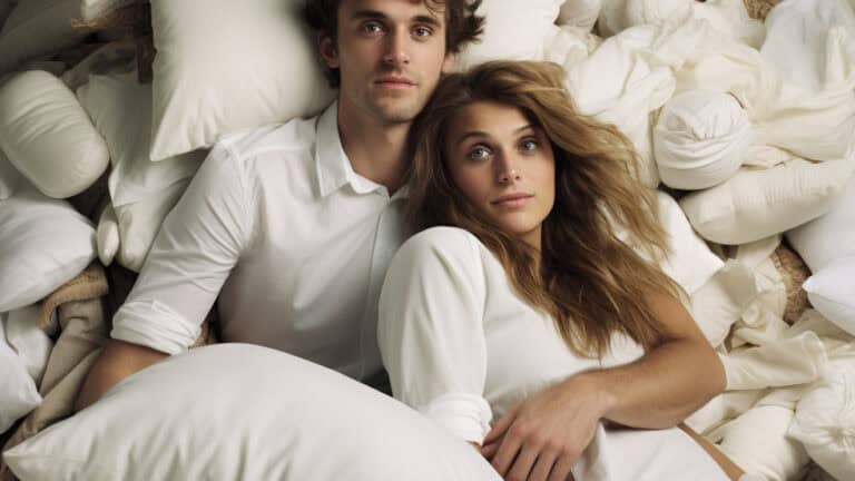 verliebt schauendes Paar in einem Meer aus Kissen