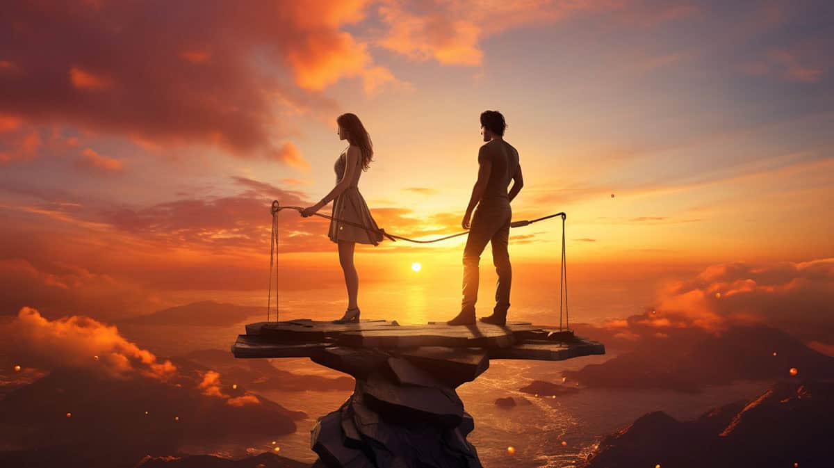 Love-Life-Balance - Paar auf einer Plattform vor einem Sonnenuntergang am Meer