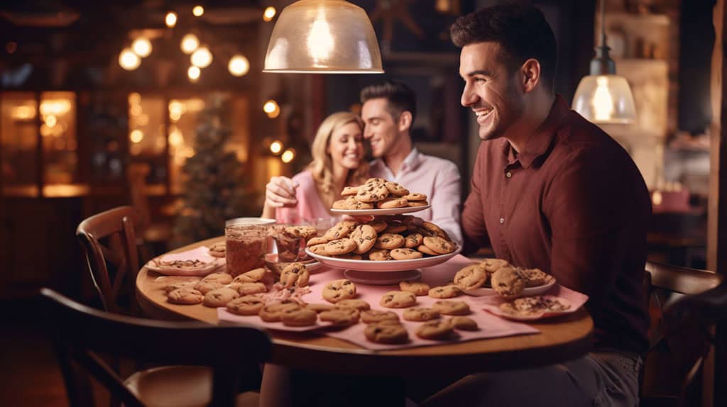 Zwei Personen unterhalten sich in einem Café über "Cookie Jarring". Die Frau schmiegt sich an den Mann, der aufmerksam zuhört. Eine dritte Person sitzt im Vordergrund vor einem Tisch mit Unmengen von "Cookies".