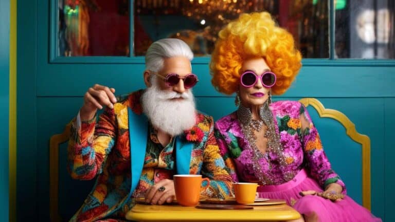 Junggebliebenes, extrovertiertes Paar bei einem romantischen Rendezvous in einem Café, sitzt an einem kleinen Tisch mit Kaffeetassen. Die Frau berührt den Mann liebevoll.